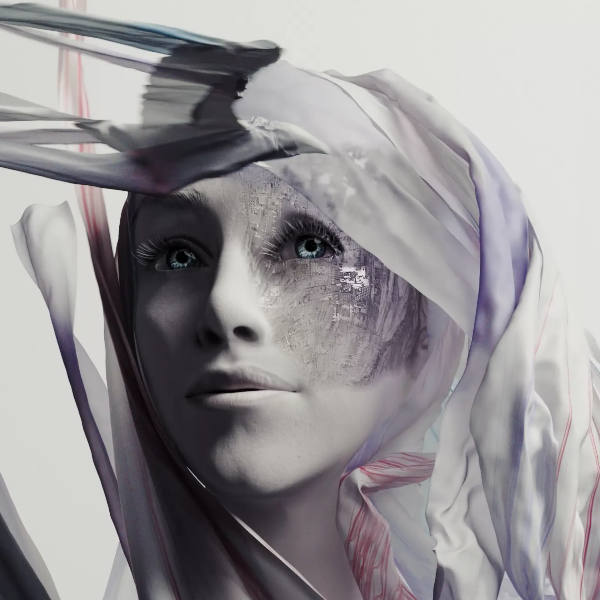Stylized 3D portrait of a hyperreal digital head wrapped in translucent fabric, part of Marco Mori’s head study series exploring identity and abstraction