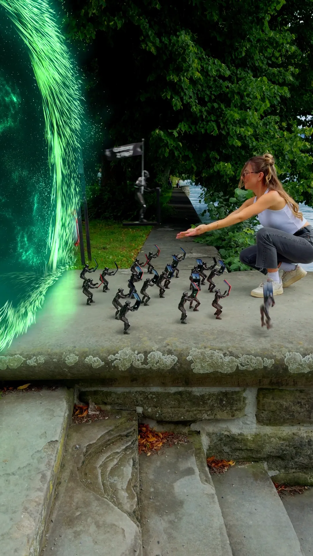 Mixed reality scene featuring small 3D animated bots emerging into a real outdoor environment, interacting with a person while glowing green digital effects blend seamlessly with live-action footage for a modern advertising visual.